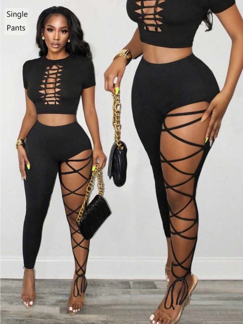 Lace-Up Side Cutout High-Waist Black Pants for Women